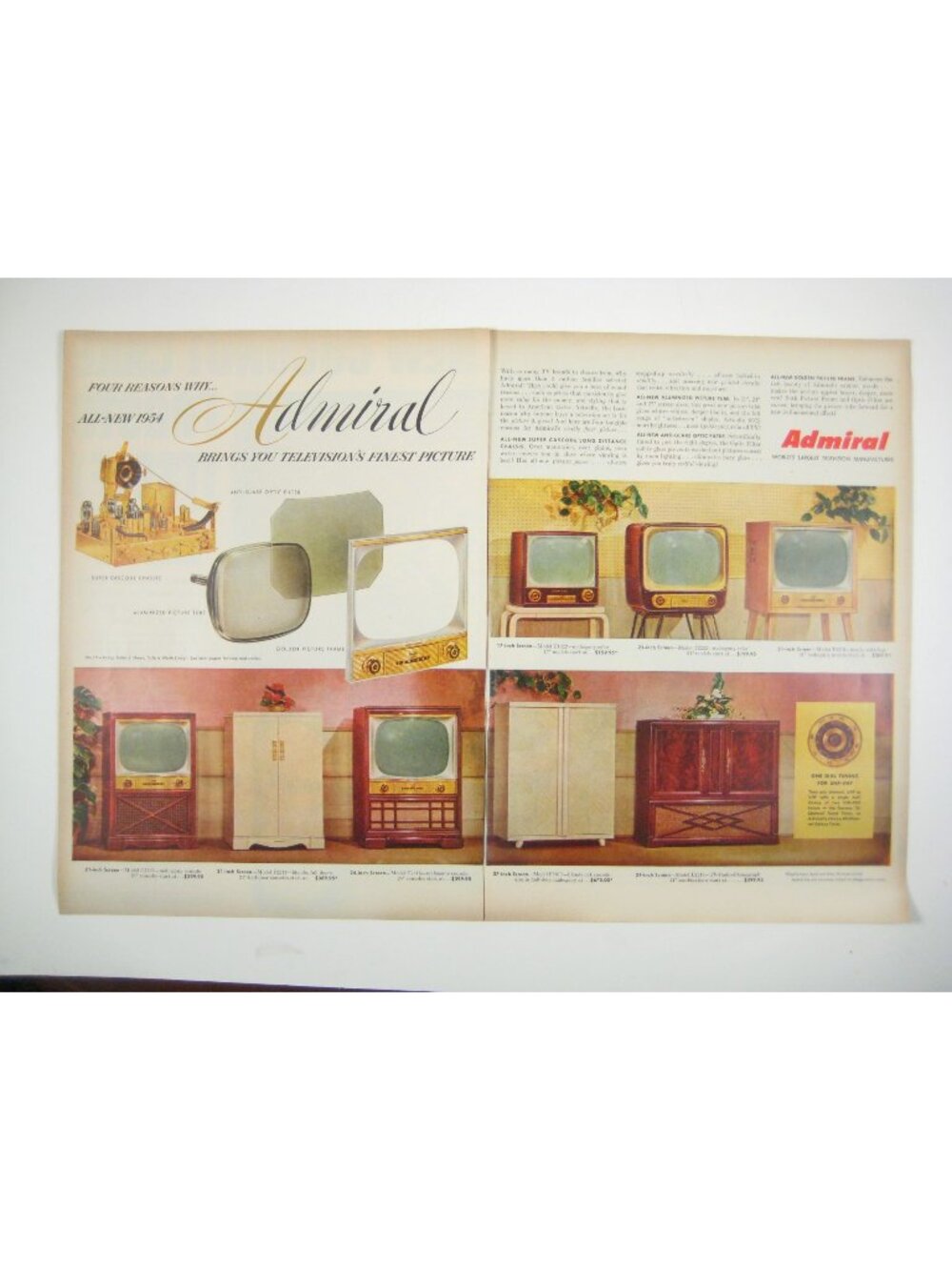 Admiral 1954 Vintage TV 2 Page Print Ad Retro Television Models MOD